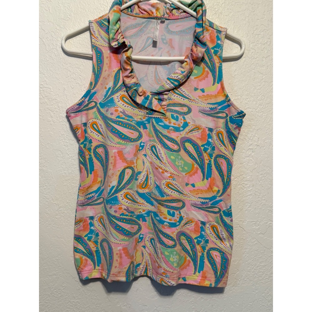 Lulu-B Sleeveless Paisley Ruffle Neck Top Pink Blue Orange Small RN 0101292